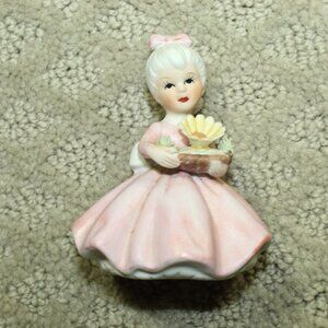 Vintage Pink 3" Ceramic Girl Holding Flower Figurine G-8814